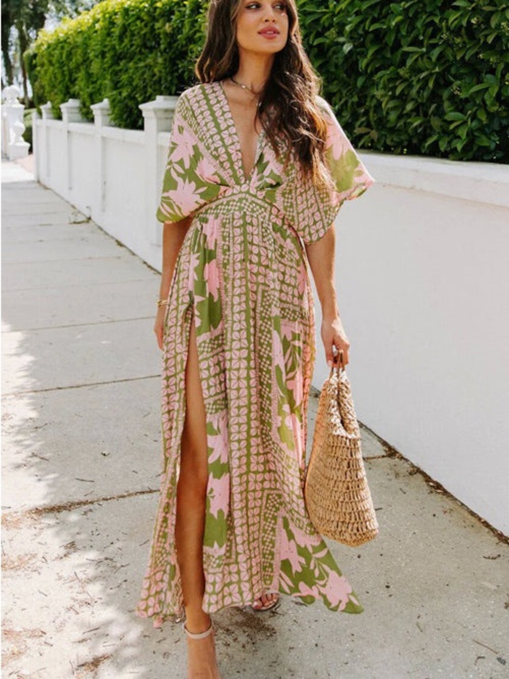 Vici Pink and Olive Floral Wrap Maxi Dress